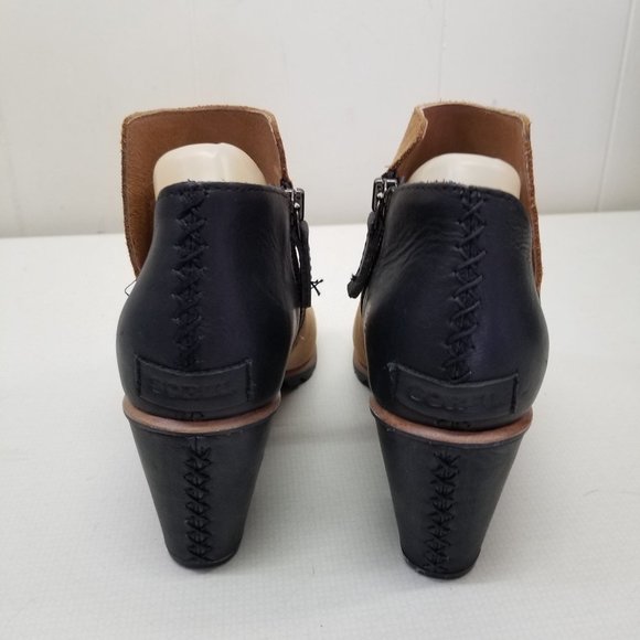 Sorel‎ 9.5 Leather 2 Tone Black Brown Heeled Open Toe Booties NADIA - Picture 4 of 13